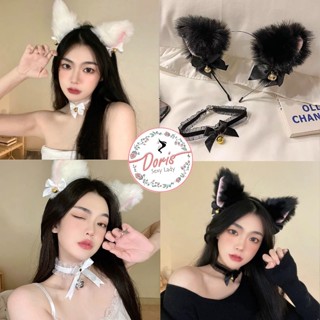 [Che tên] Cài tóc tai mèo lông gắn chuông nhỏ phối nơ, bờm tóc cosplay mèo kèm vòng cổ chuông nơ PKC012