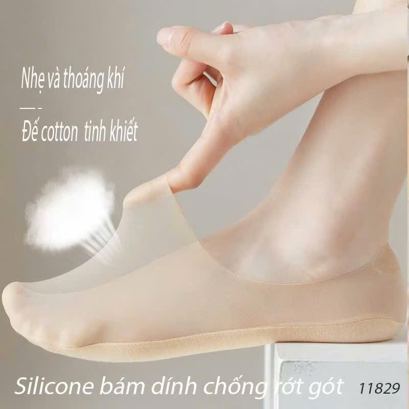 Tất vớ búp bê giày lười lụa lưới có silicon bám dính không rớt gót nữ