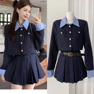 An Xing_Váy Dạ 3 Món Áo Dạ Phối Cổ Sơ Mi 2 Lớp Có Đệm Vai+Chân Váy Xếp Ly Có Quần Váy