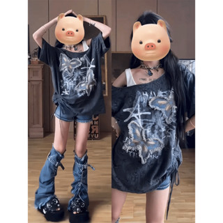 ẢNH THẬT [SẴN] Áo thun nữ y2k ngắn tay lệch vai có dây màu be xám hoạ tiết hồ điệp có dây rút dáng rộng cá tính đường