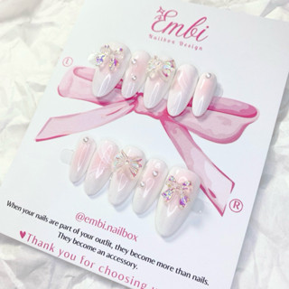 Nail Box nhũ trắng ombre hồng charm nơ Hàn Quốc Nữ tính Embi.nailbox E055