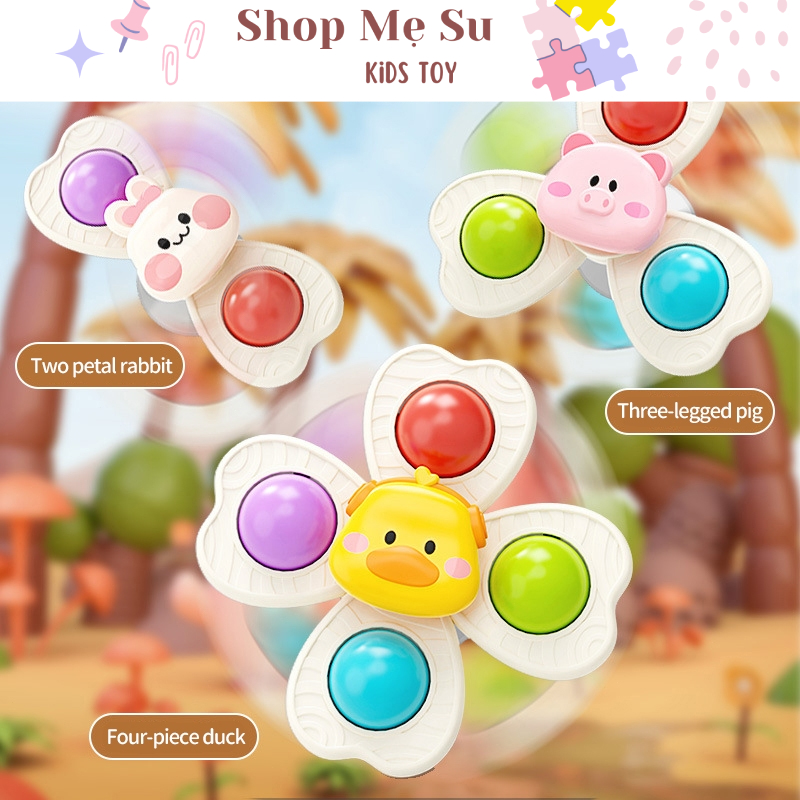 Set 3 con quay spinner dính tường cho bé, Con quay treo tường hình động vật vịt, thỏ, sư tử đáng yêu
