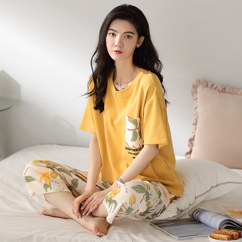 Bộ mặc nhà mùa hè quần lửng cotton co giãn có may sẵn đệm ngực