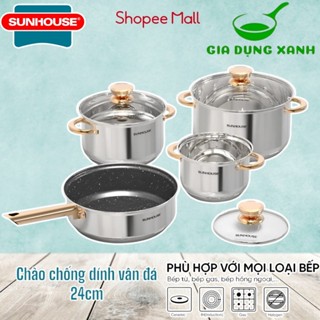 Bộ nồi chảo inox 5 đáy Sunhouse SHG789 hàng chính hãng CÓ TÁCH LẺ 3 NỒI, HOẶC 3 NỒI 1 CHẢO