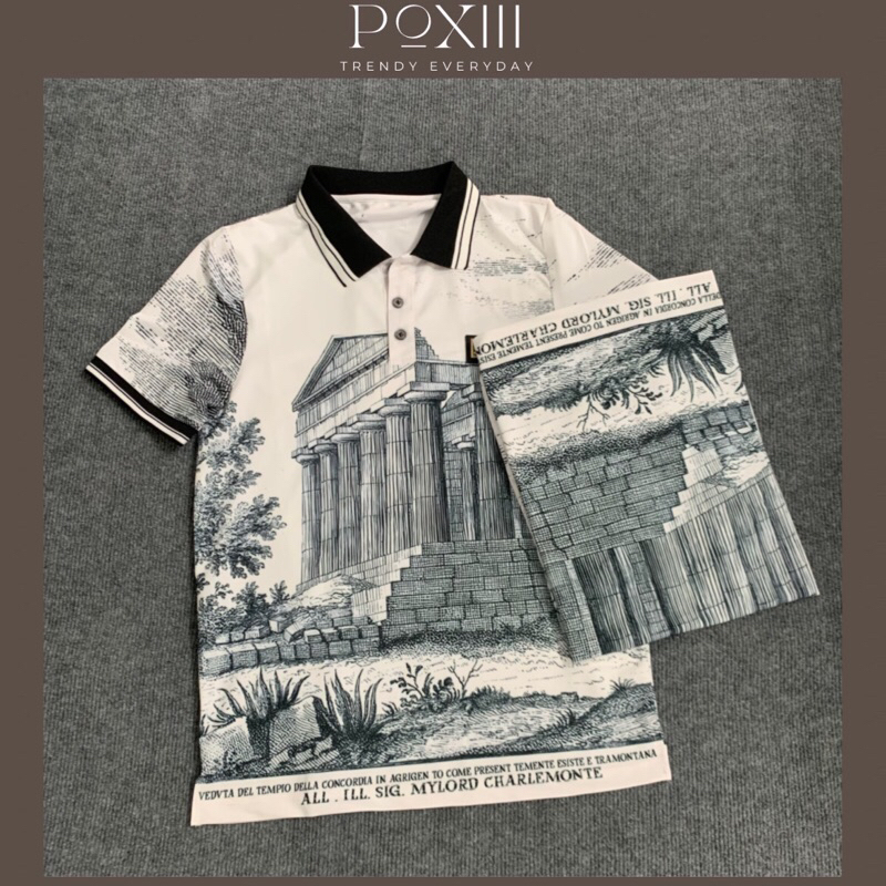 Áo Polo D và G Hoạ Tiết Tháp Xám May Bo Tay Cổ Dệt - Áo Phông Có Cổ Nam Nữ Vải Thoáng Mát