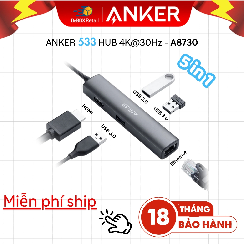 Bộ chuyển đổi ANKER 533 HUB 5-in-1 PowerExpand+ HDMI 4K@30Hz, USB-C, 3*USB-A, Ethernet - A8338 chính