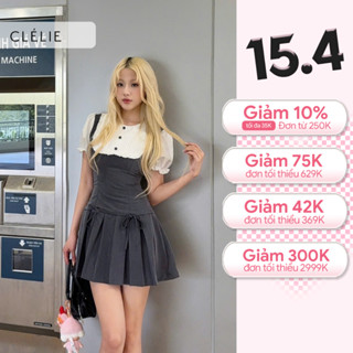 Đầm sơ mi nữ ngắn tay phồng phối viền bèo, váy xòe xếp ly thanh lịch | CARYLN DRESS - CLÉLIE