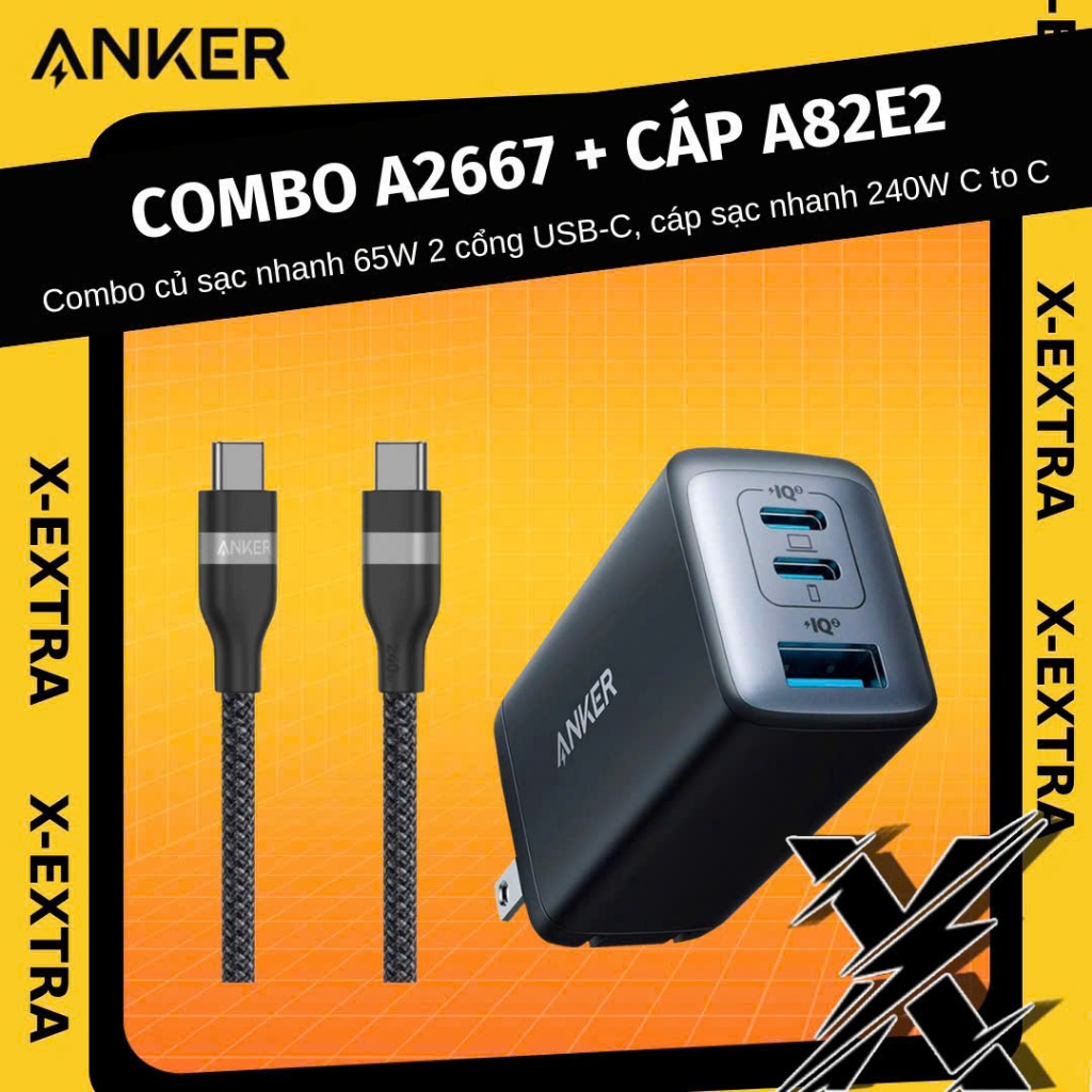 Bộ sạc nhanh Anker 65W A2667 kèm cáp A82E2 Type C bọc bù, sạc nhanh cho IP15, 16 và android