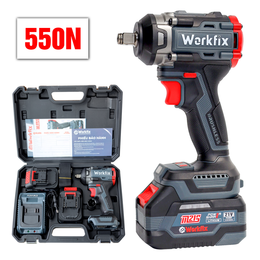 Máy Siết Bulong Pin WORKFIX WF-IW550PRO, Không Chổi Than, Lực Siết 550Nm, Chính Hãng.