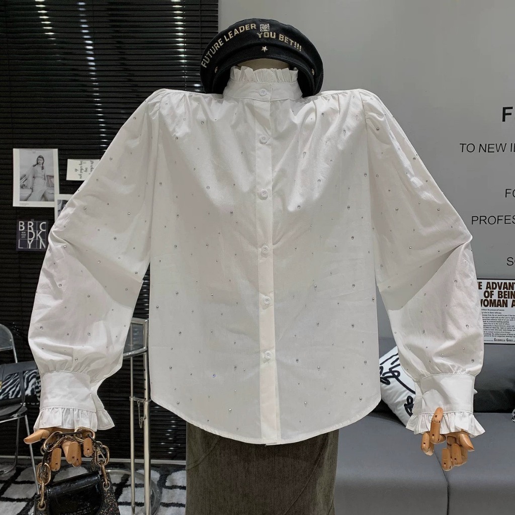 (Luna Vintage) Áo sơ mi đính đá xinh cổ trụ bèo xinh, áo sơ mi kiểu trắng