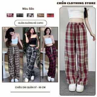 Quần Suông Kẻ Caro Thô Nữ Cạp Chun Dây Rút Lưng Cao Quần Ống Rộng Kẻ Mặc 4 Mùa Hottrend Co Giãn Big Size Dày Dặn 123
