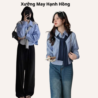 Áo sơ mi thủy thủ kẻ xanh kèm khăn rời, Áo somi HQ basic đi học, đi làm