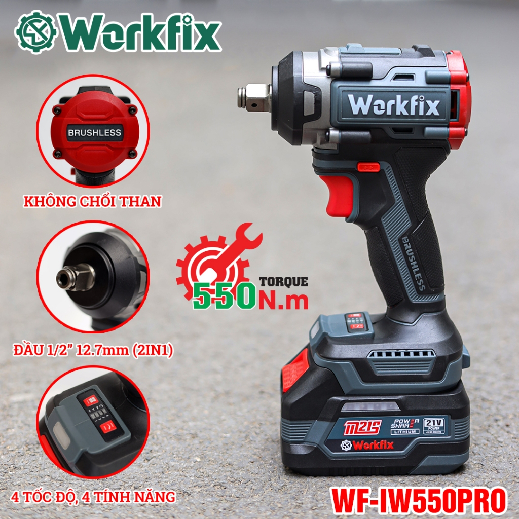 Máy Siết Bulong pin WORKFIX WF-IW550PRO / Không Chổi Than / Lực Siết 550Nm / 4 tốc độ /Chính Hãng.