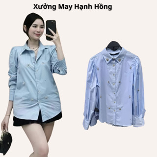 A224 Áo sơmi đính đá tay bồng kiểu dáng Hàn Quốc, áo sơ mi đá khâu tay kiểu nữ sang chảnh