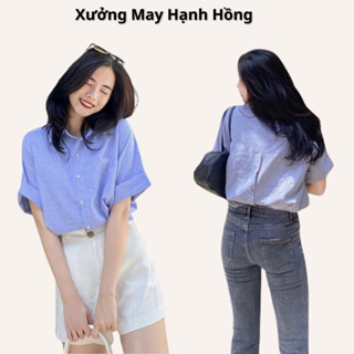 Áo sơ mi kẻ tay gấp, Áo sơ mi xẻ cúc lưng cách điệu phong cách Hàn Quốc Xưởng May Hạnh Hồng
