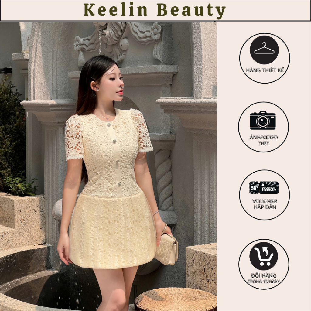 Đầm ren hoa chân bèo lưới xèo mix khuy đá sang chảnh chuẩn form dáng nữ N234KEELIN BEAUTY