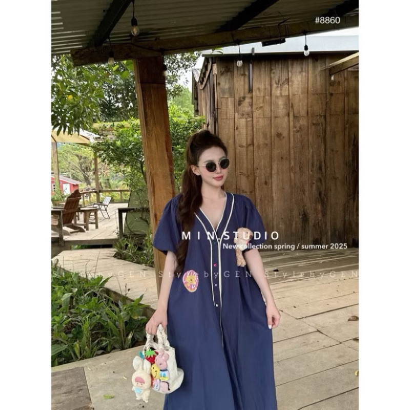 Bigsize Hiếu Hiếu Đầm xuông viền dáng dài nút màu kèm gấu 55-120kg