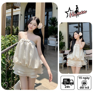 Set Váy Babydoll Tiểu Thư Hở Vai Cúp Ngực, Chất Tơ Bay, Kèm Chân Váy 3 Tầng Quần Bí, Đi Biển Du Lịch Sang Chảnh