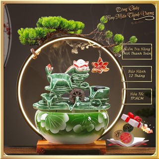 Thác Nước Phong Thủy Ngọc Bích Gốm Cao Cấp Hoa Văn Sang Trọng Trang Trí Bàn Làm Việc, Quà Tặng