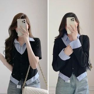 Áo sơ mi Bigsize nữ phom vừa kiểu giả hai lớp ghi lê vải thun ruby phối thô kẻ sọc co giãn SM141+SM185 thanh lịch