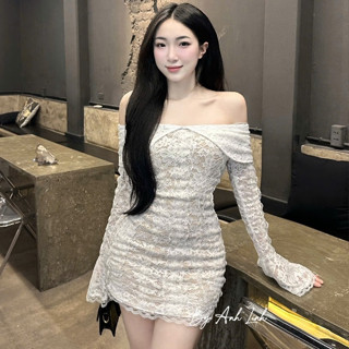 váy trễ vai sang chảnh,váy ren ôm body tay dài loe V107