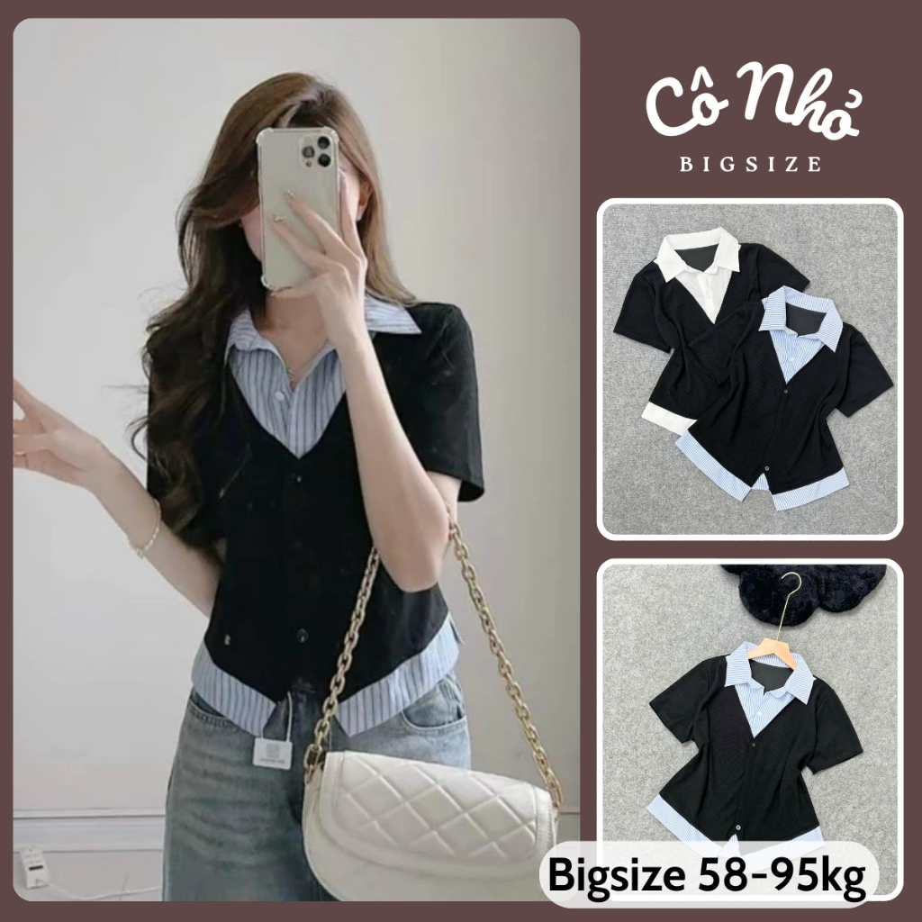 Áo Sơ Mi Bigsize Nữ Tay Ngắn Kiểu Giả Hai Lớp Vải Xoa Kẻ Sọc Phối Nỉ Tăm Cá Tính SM185