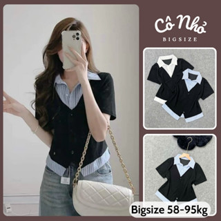Áo Sơ Mi Bigsize Nữ Tay Ngắn Kiểu Giả Hai Lớp Vải Xoa Kẻ Sọc Phối Nỉ Tăm Cá Tính SM185