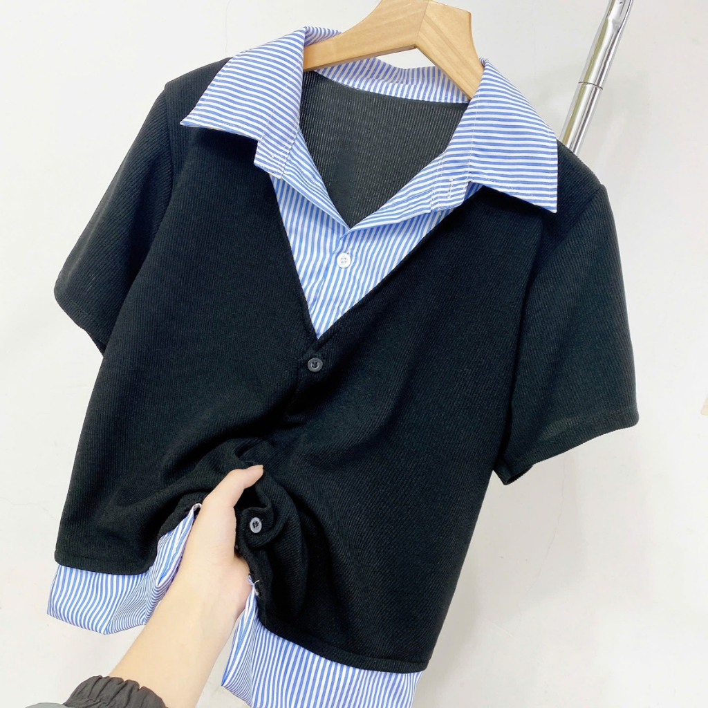 Áo Sơ Mi Bigsize Nữ Tay Ngắn Kiểu Giả Hai Lớp Vải Xoa Kẻ Sọc Phối Nỉ Tăm Cá Tính SM185 | BigBuy360 - bigbuy360.vn