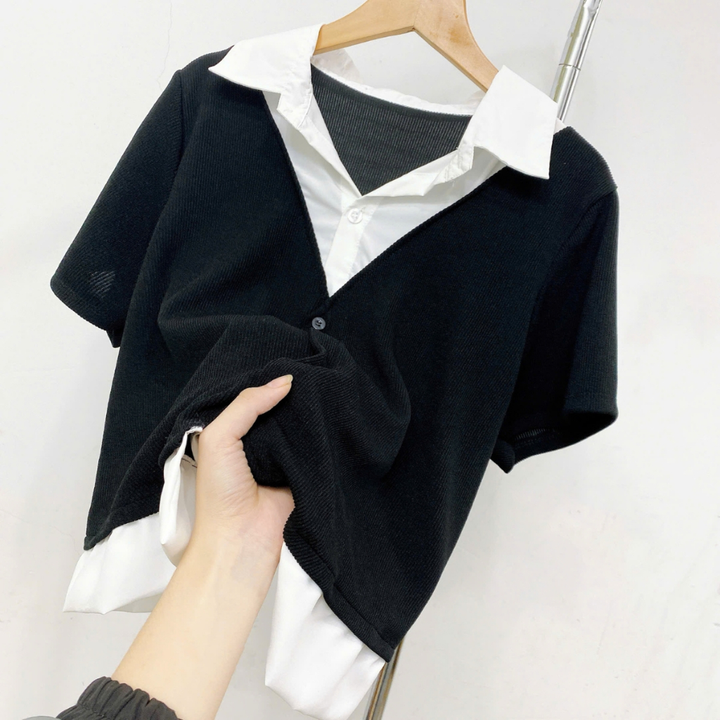 Áo Sơ Mi Bigsize Nữ Tay Ngắn Kiểu Giả Hai Lớp Vải Xoa Kẻ Sọc Phối Nỉ Tăm Cá Tính SM185 | BigBuy360 - bigbuy360.vn