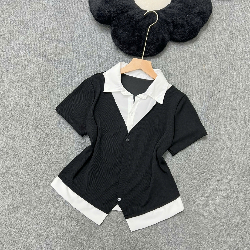 Áo Sơ Mi Bigsize Nữ Tay Ngắn Kiểu Giả Hai Lớp Vải Xoa Kẻ Sọc Phối Nỉ Tăm Cá Tính SM185 | BigBuy360 - bigbuy360.vn