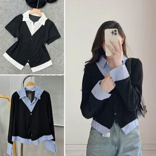 Áo sơ mi bigsize nữ tiểu thư kiểu ghi lê phối viền xinh thanh lịch vintage vải SM141+SM185 co giãn