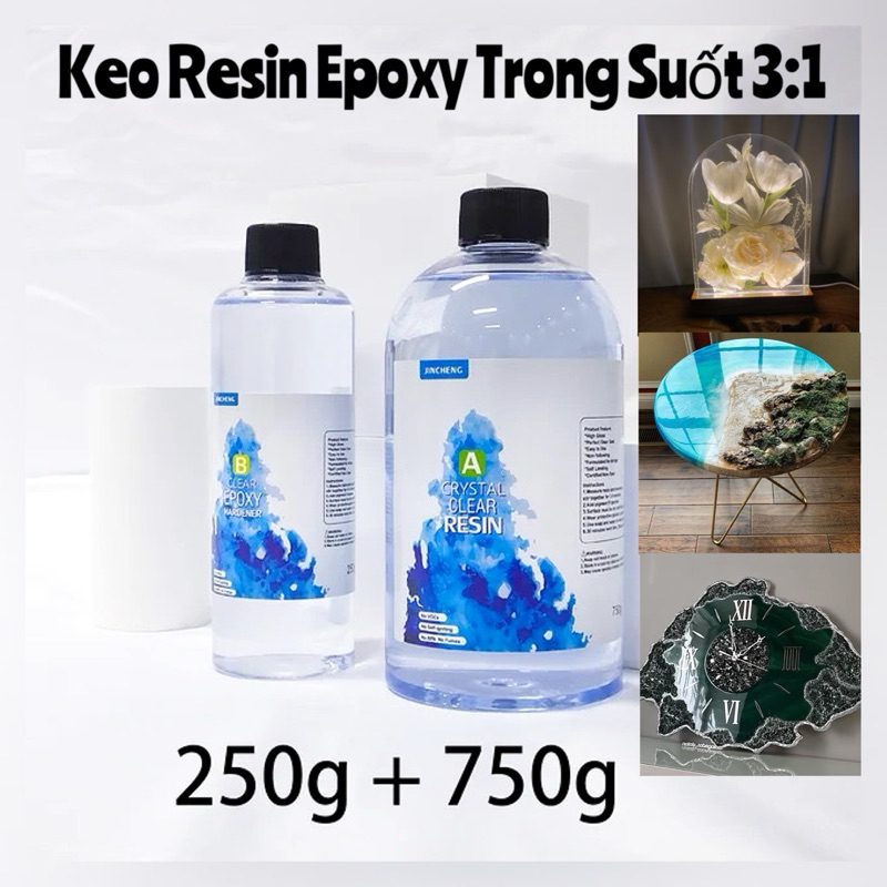 Set 1kg epoxy resin trong suốt tỉ lệ 3-1 siêu cứng bền thời tiết, siêu trong.