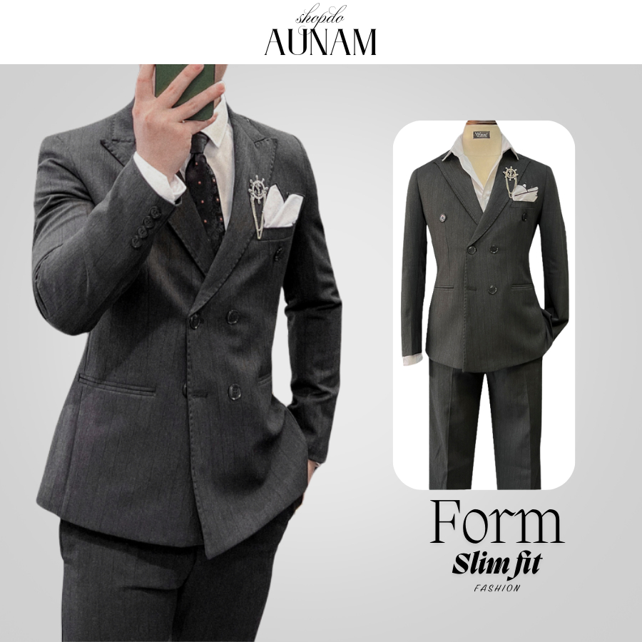 Blazer nam,Vest nam Xám Đậm Kẻ Sọc 6 cúc,Bộ suit nam form slim fit, chất vải cao cấp