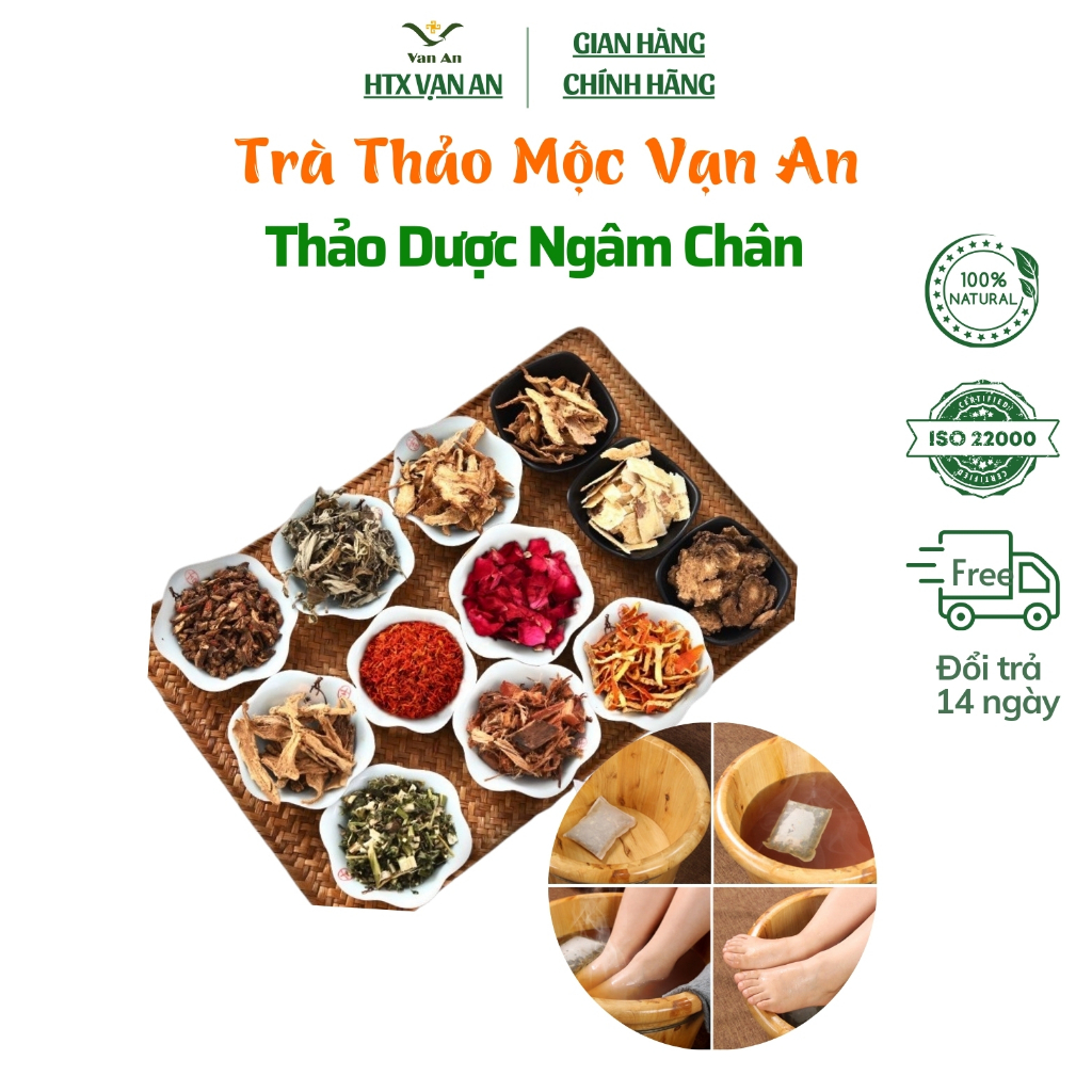 Thảo dược ngâm chân của  HTX Vạn An gồm 10 thành phần hỗ trợ sức khỏe và cho spa thư giãn ngủ ngon trừ hôi chân
