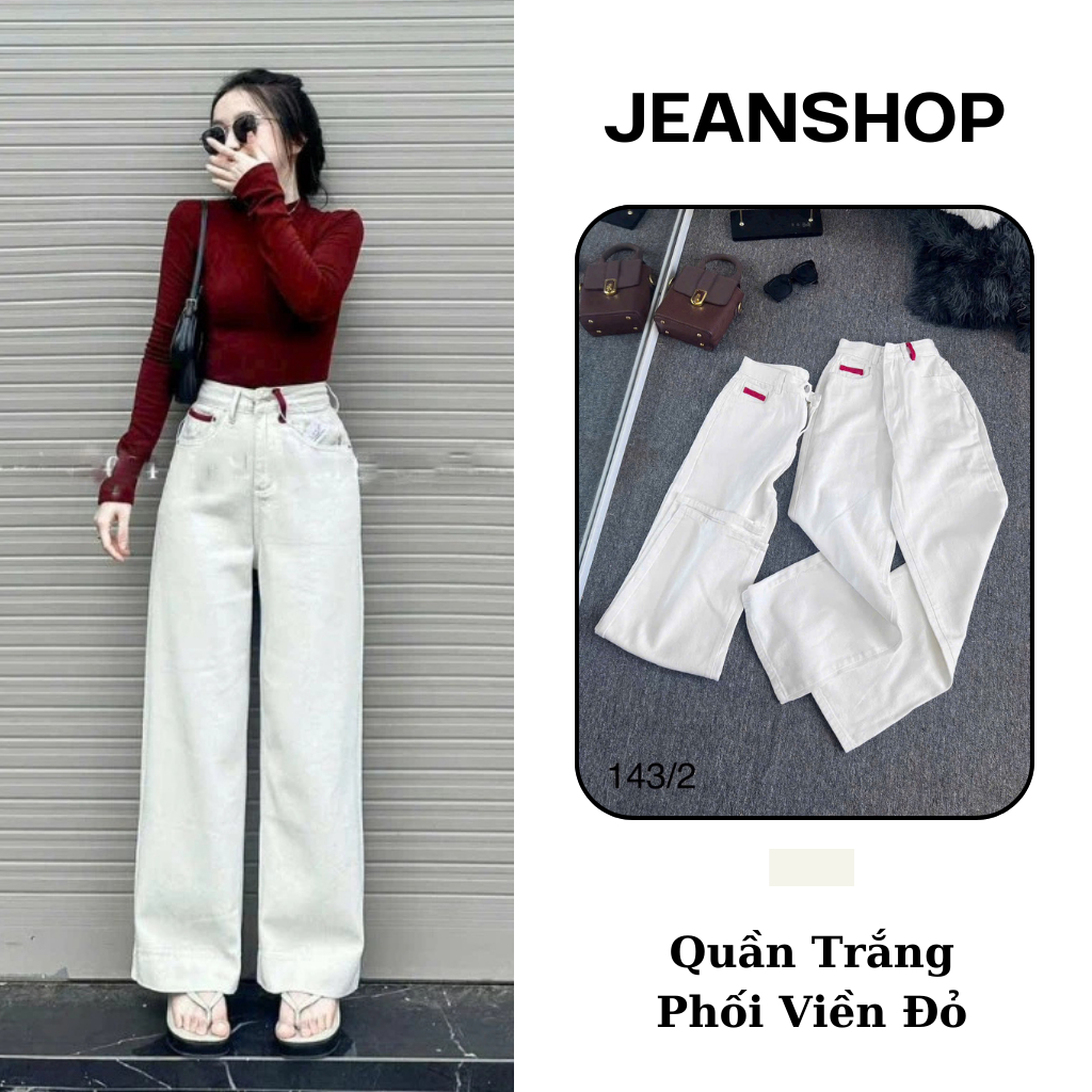 Quần Jeans Nữ Ống Suông Trắng – Phối Viền Đỏ, Lưng Cao, Siêu Hách Dáng, Quần Bò Suông Nữ Form Chuẩn 