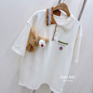 áo phông hè nữ,áo thun nữ form rộng,phông gấu cổ bẻ bo len kèm gấu xù cao cấp xịn sò hot trend BC182