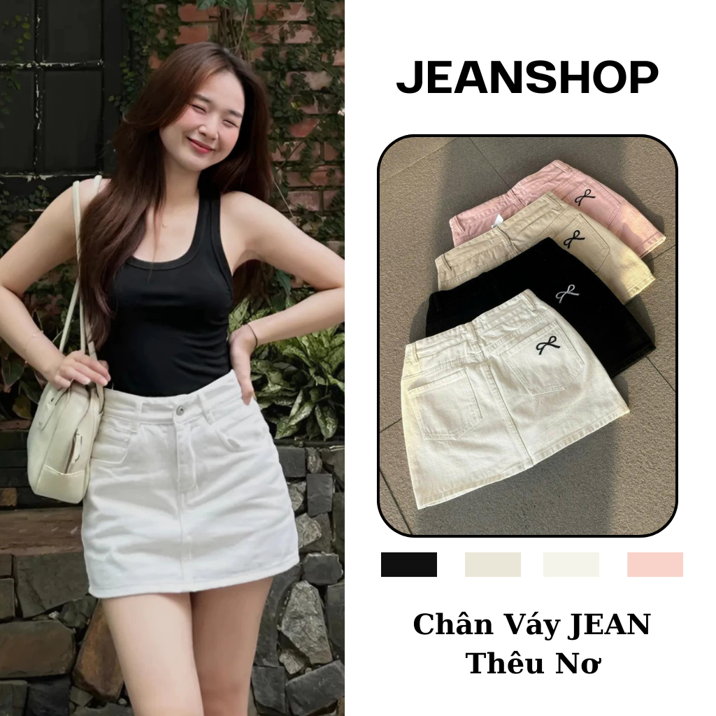 Chân Váy Jeans Ngắn Thêu Nơ – Dáng Chữ A, Cạp Cao, Kèm Quần Bên Trong, Phong Cách Ulzzang Hàn Quốc –