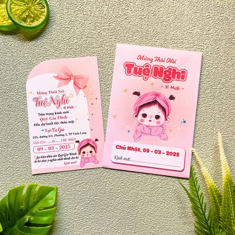Thiệp mời thôi nôi/ sinh nhật/ đầy tháng bé gái dễ thương tone hồng xinh xắn