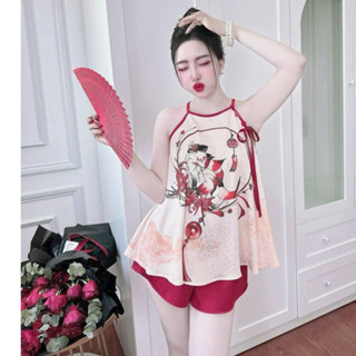 [Hàng mới về] Set yếm ngủ in 3D, đồ bộ ngủ nữ vải phi lụa mềm Freesize 40-60kg tùy chiều cao