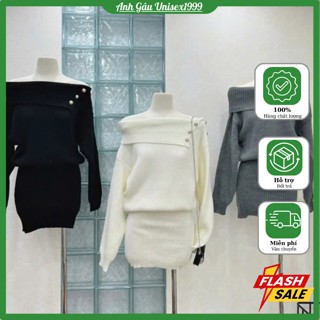  Set Váy Nữ Trễ Vai Mùa Đông Đính Khuy Cúc Vàng Ấm Áp Sang Chảnh 