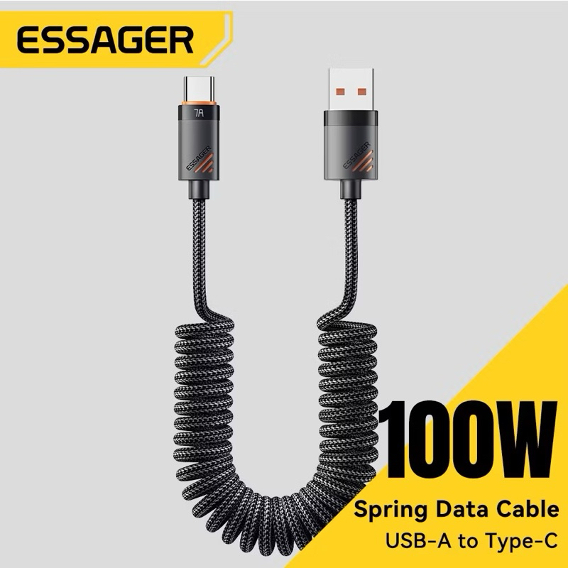 Cáp sạc nhanh Essager USB-A qua Type-C 100W cho ô tô,Cáp lò xo thu gọn