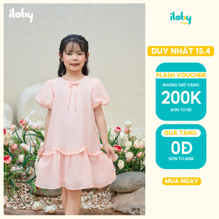 Váy cho bé gái ILABY váy tơ đũi hàn hai lớp cổ tròn đính nơ phối bèo nhún đuôi cá [2919]