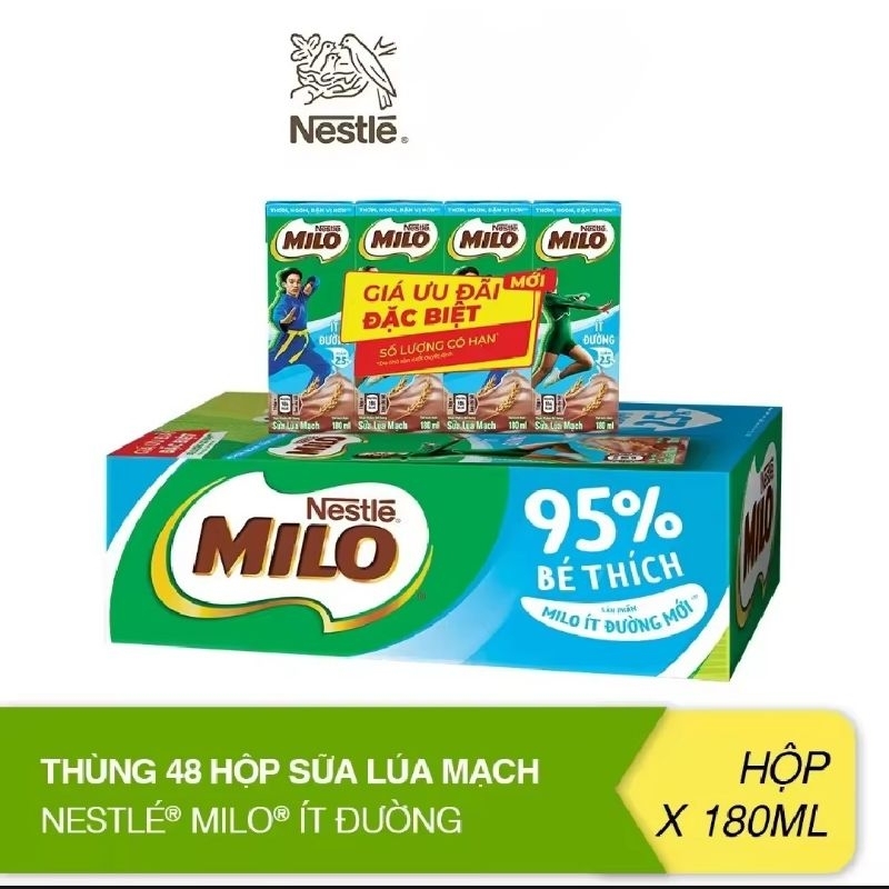 (Hoả Tốc) Sữa Lúa Mạch Milo Ít Đường 180ML (48Hộp x 180ML) DATE MỚI