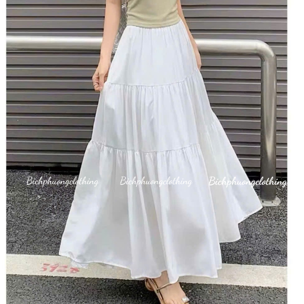 [NEWW] Chân váy dáng dài xòe chất voan Nhật 3 tầng maxi 90cm có lót trong màu trắng đen kem xanh hồn