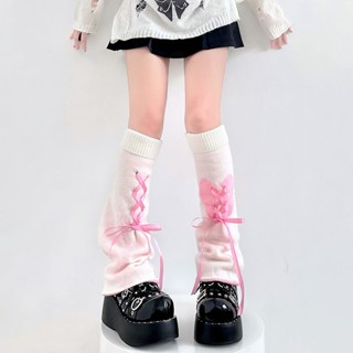Ống Tất Len Dệt Kim Phong Cách Y2K Nhật Bản Thắt Dây Nơ Phối Tim Màu Sắc Ngọt Ngào, Tất Bắp Chân Giữ Ấm JK by.Lisa