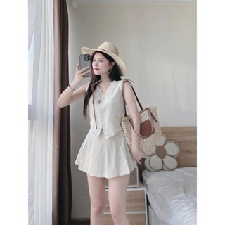 YUKSTOREset đồ nữ áo sát nách gile mix quần váy xếp ly dáng ngắn đen kem vải linen mát màu hè thiết kế NINA LE TỰ MAY LẠ