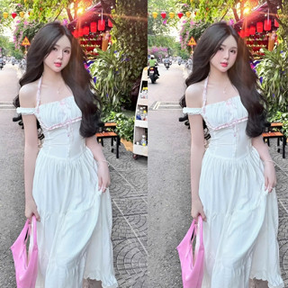 Váy đi biển trễ vai nhún ngực cổ yếm dài maxi xòe cúc bọc trắng hồng Đầm nữ bánh bèo tiểu thư nữ tính du lịch T1075G