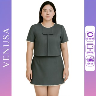 Set đồ nữ BIGSIZE áo xám đính nơ trước viền ren mix chân váy Venusa Store