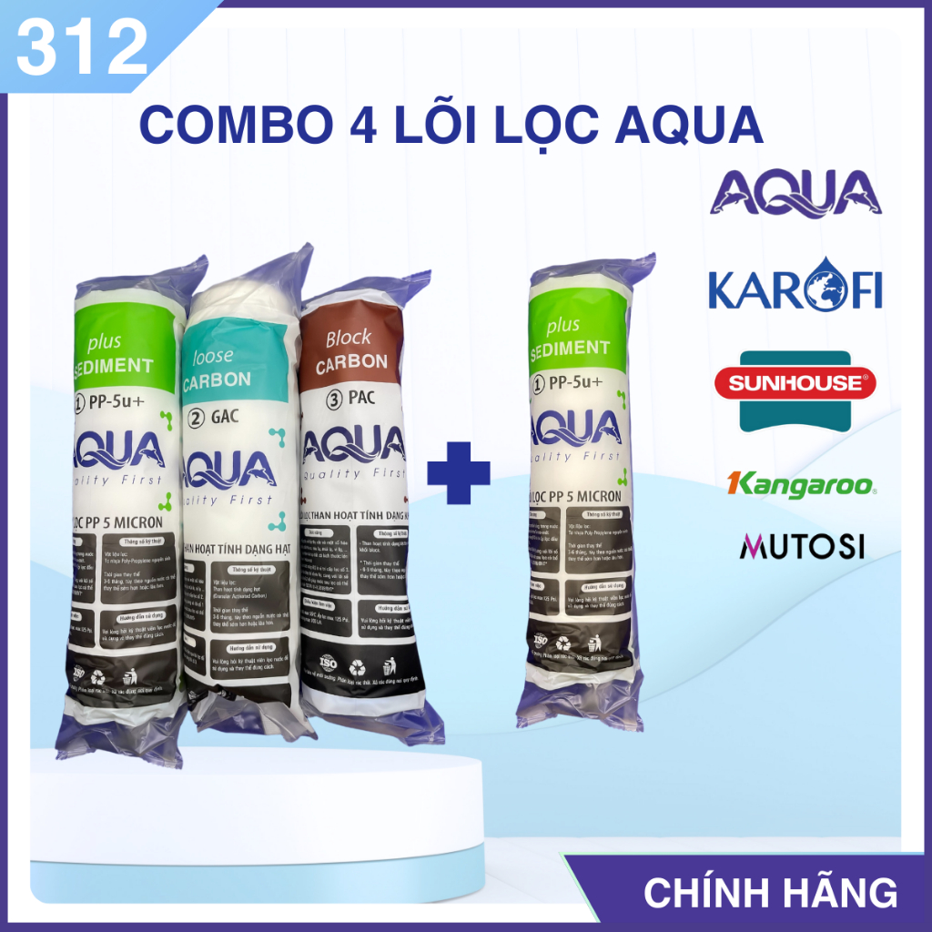 Combo 1 bộ ( 4 cái ) lõi lọc nước AQUA chính hãng - Bộ lõi lọc thô 1 2 3 máy RO