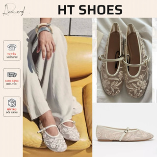 Giày búp bê Z lưới thêu ren hoa đính ngọc trắng kem đế bệt 1cm phong cách công chúa 3688